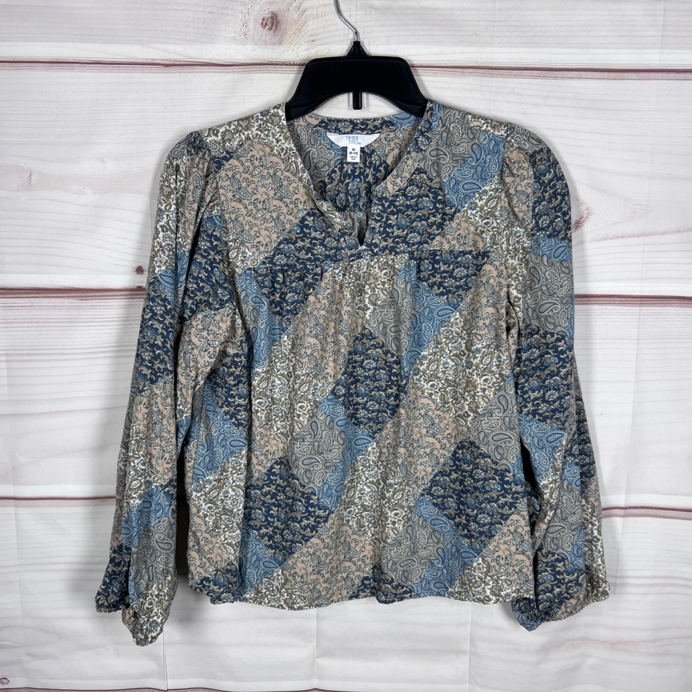 Time and Tru V-Neck Blouse Womens Size M Blue Paisley Patchwork Long Sleeve Top